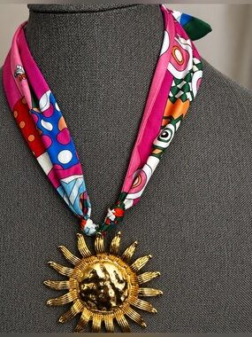 Bold Hammered Metal Sun  Pendant Scarf Necklace